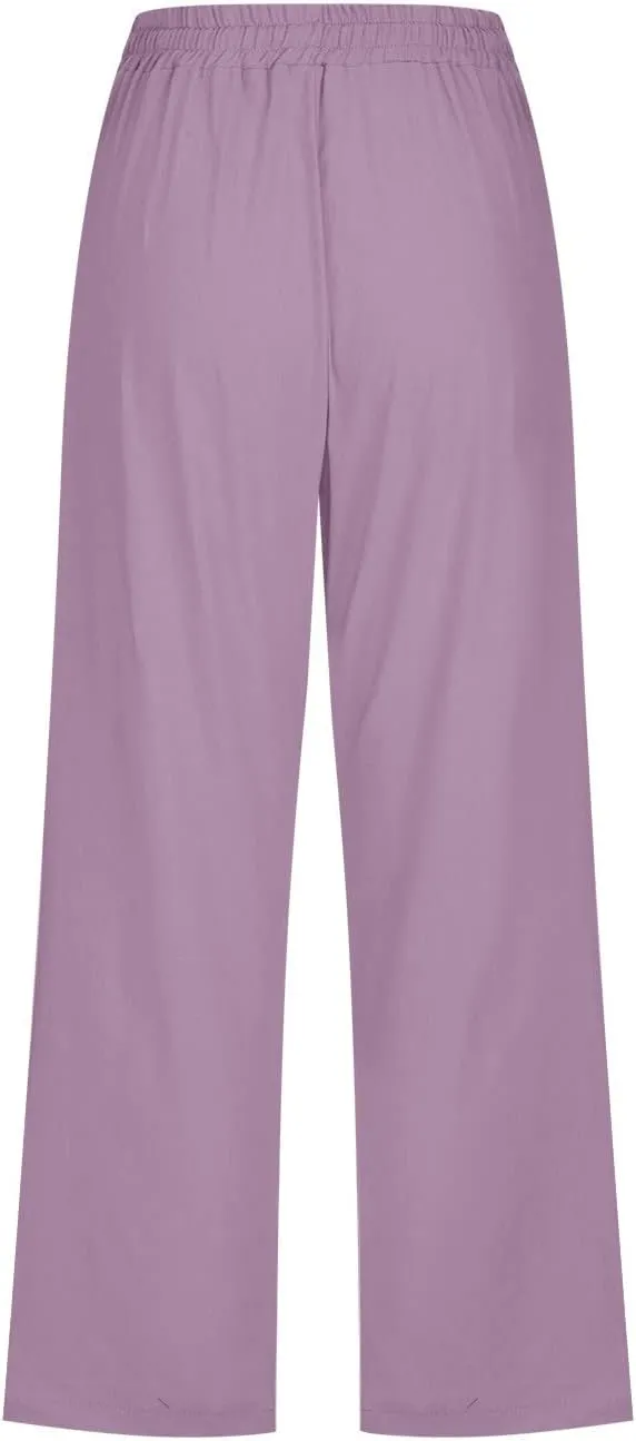 Capri Pants for Women Casual Summer Cotton Linen Cropped Trouser Drawstring Elastic Waist Pant Pocket Wide Leg Capris