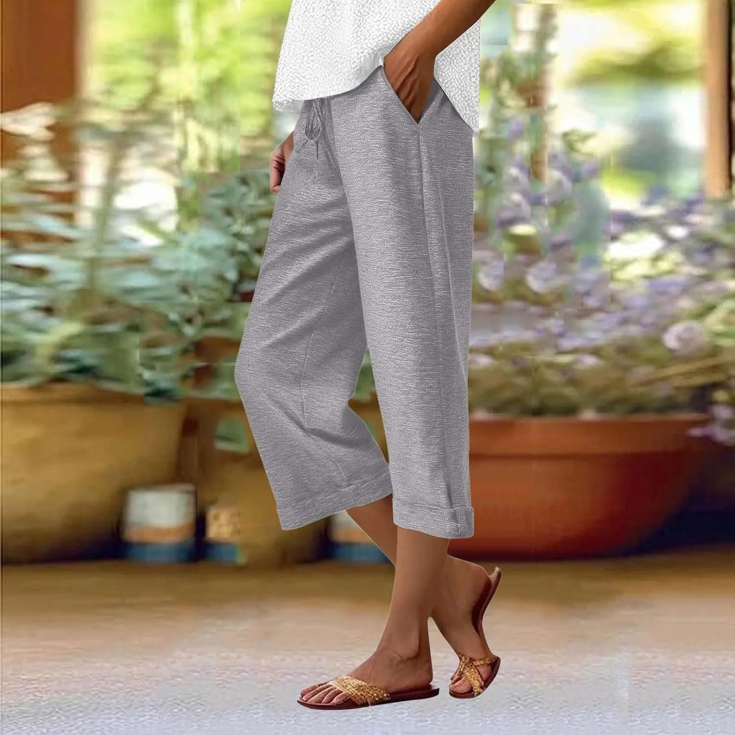Capri Pants for Women Cotton Casual Summer Workout Beach Capris Drawstring High Waist Wide Leg Cropped Trousers