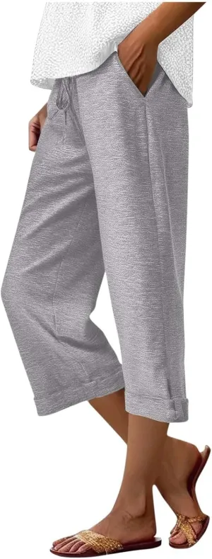 Capri Pants for Women Cotton Casual Summer Workout Beach Capris Drawstring High Waist Wide Leg Cropped Trousers