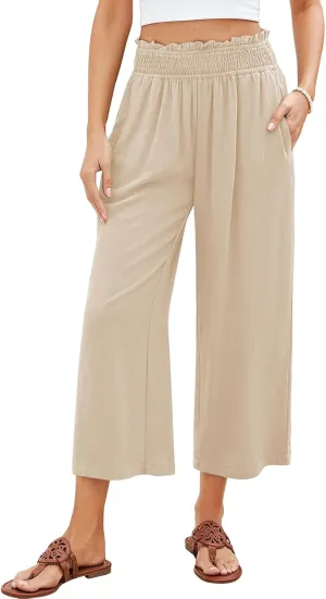 Capri Pants for Women Wide Leg Linen Palazzo Pants High Waist Elastic Pant Summer Casual Beach Trousers with Pockets