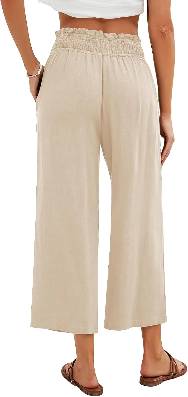 Capri Pants for Women Wide Leg Linen Palazzo Pants High Waist Elastic Pant Summer Casual Beach Trousers with Pockets
