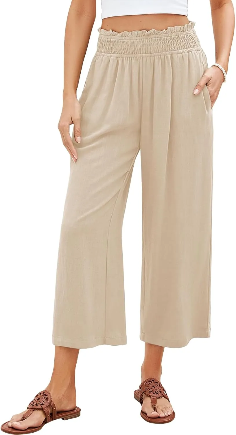 Capri Pants for Women Wide Leg Linen Palazzo Pants High Waist Elastic Pant Summer Casual Beach Trousers with Pockets