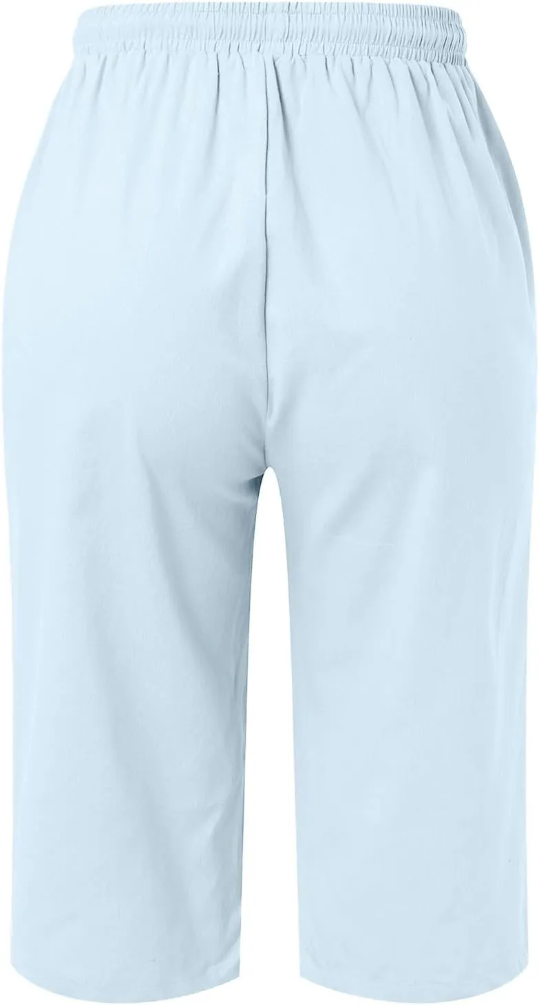 Capris With Pockets For Women Cotton Linen Knee Length Bermuda Shorts Summer Vacation Drawstring Cropped Trousers