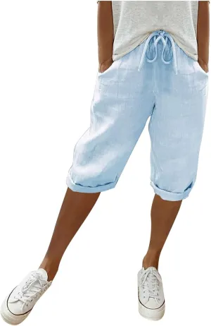 Capris With Pockets For Women Cotton Linen Knee Length Bermuda Shorts Summer Vacation Drawstring Cropped Trousers