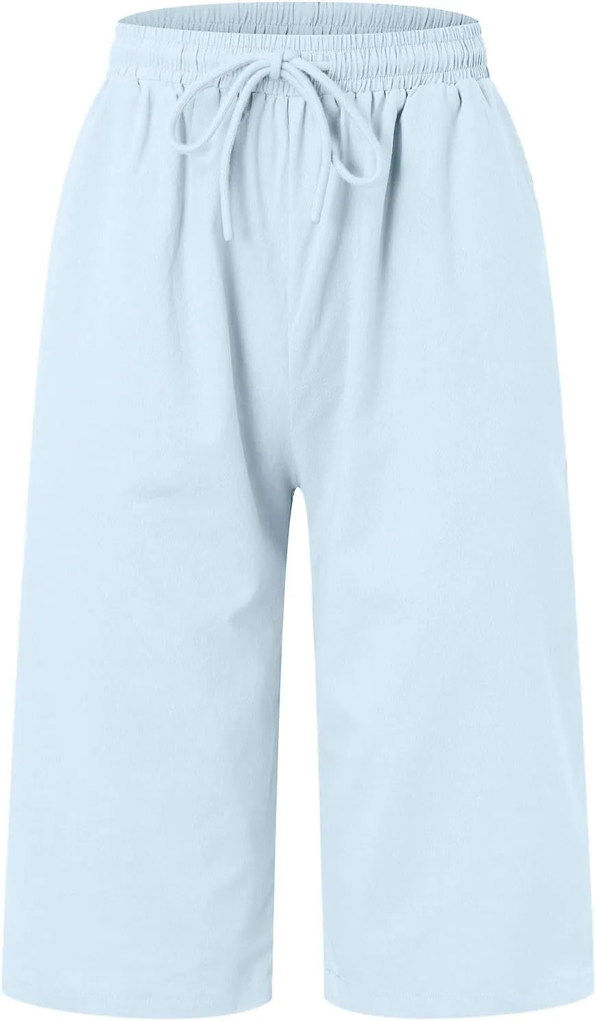 Capris With Pockets For Women Cotton Linen Knee Length Bermuda Shorts Summer Vacation Drawstring Cropped Trousers
