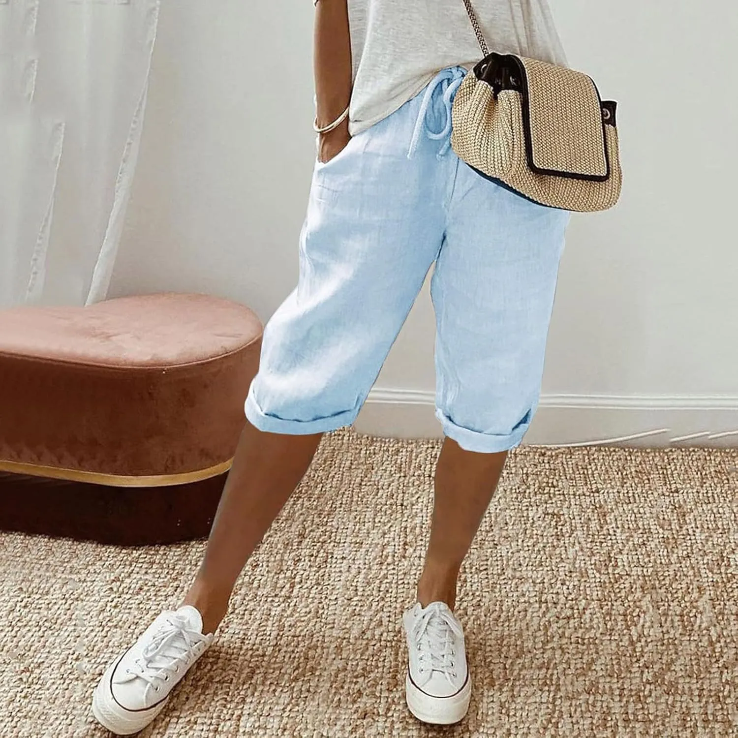 Capris With Pockets For Women Cotton Linen Knee Length Bermuda Shorts Summer Vacation Drawstring Cropped Trousers