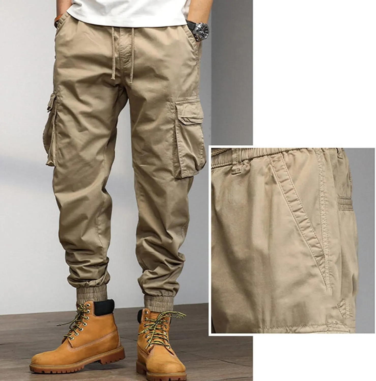 Cargo Pants for Men Big and Tall, Streetwear Khaki Baggy Pants with Zipper Pockets Men Outdoor Cargo Pant Relaxed Fit