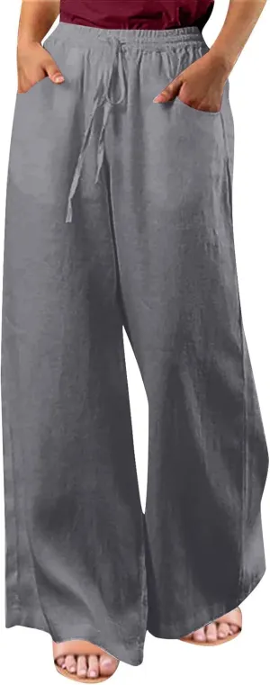 Ceboyel Women Wide Leg Palazzo Pants Cotton Linen Casual Flowy Trousers Drawstring Gaucho Pant Boho Summer Beach Clothes 2023