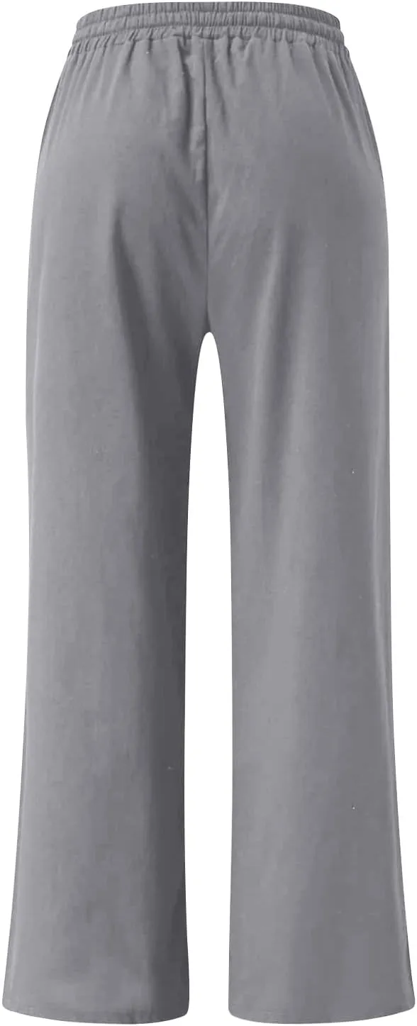 Ceboyel Women Wide Leg Palazzo Pants Cotton Linen Casual Flowy Trousers Drawstring Gaucho Pant Boho Summer Beach Clothes 2023