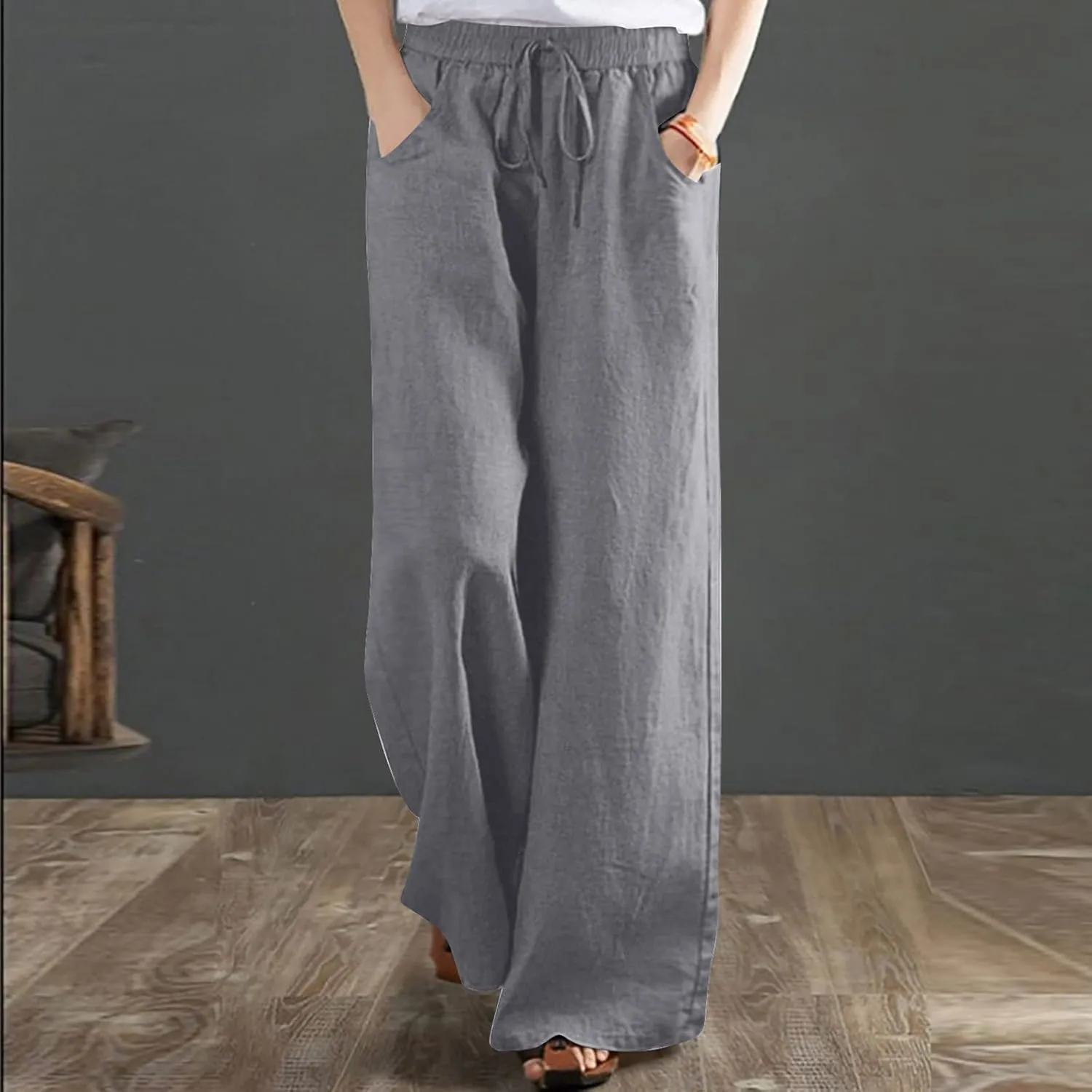 Ceboyel Women Wide Leg Palazzo Pants Cotton Linen Casual Flowy Trousers Drawstring Gaucho Pant Boho Summer Beach Clothes 2023