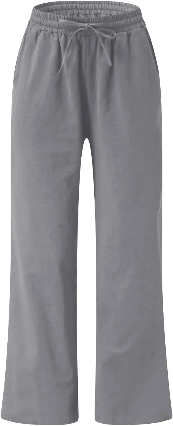 Ceboyel Women Wide Leg Palazzo Pants Cotton Linen Casual Flowy Trousers Drawstring Gaucho Pant Boho Summer Beach Clothes 2023
