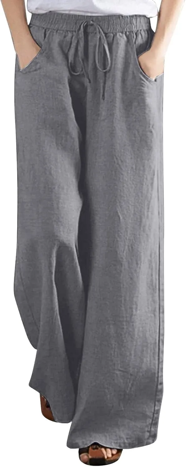 Ceboyel Women Wide Leg Palazzo Pants Cotton Linen Casual Flowy Trousers Drawstring Gaucho Pant Boho Summer Beach Clothes 2023