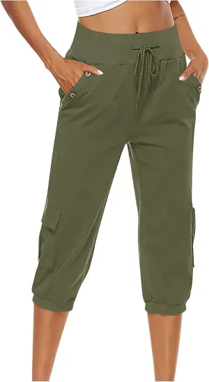 Cotton Linen Capri Women Casual Drawstring Elastic Waist Pants High Waisted Pants Summer Wide Leg Cropped Trousers