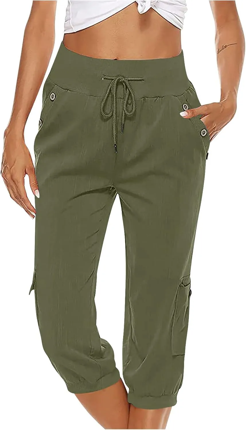 Cotton Linen Capri Women Casual Drawstring Elastic Waist Pants High Waisted Pants Summer Wide Leg Cropped Trousers