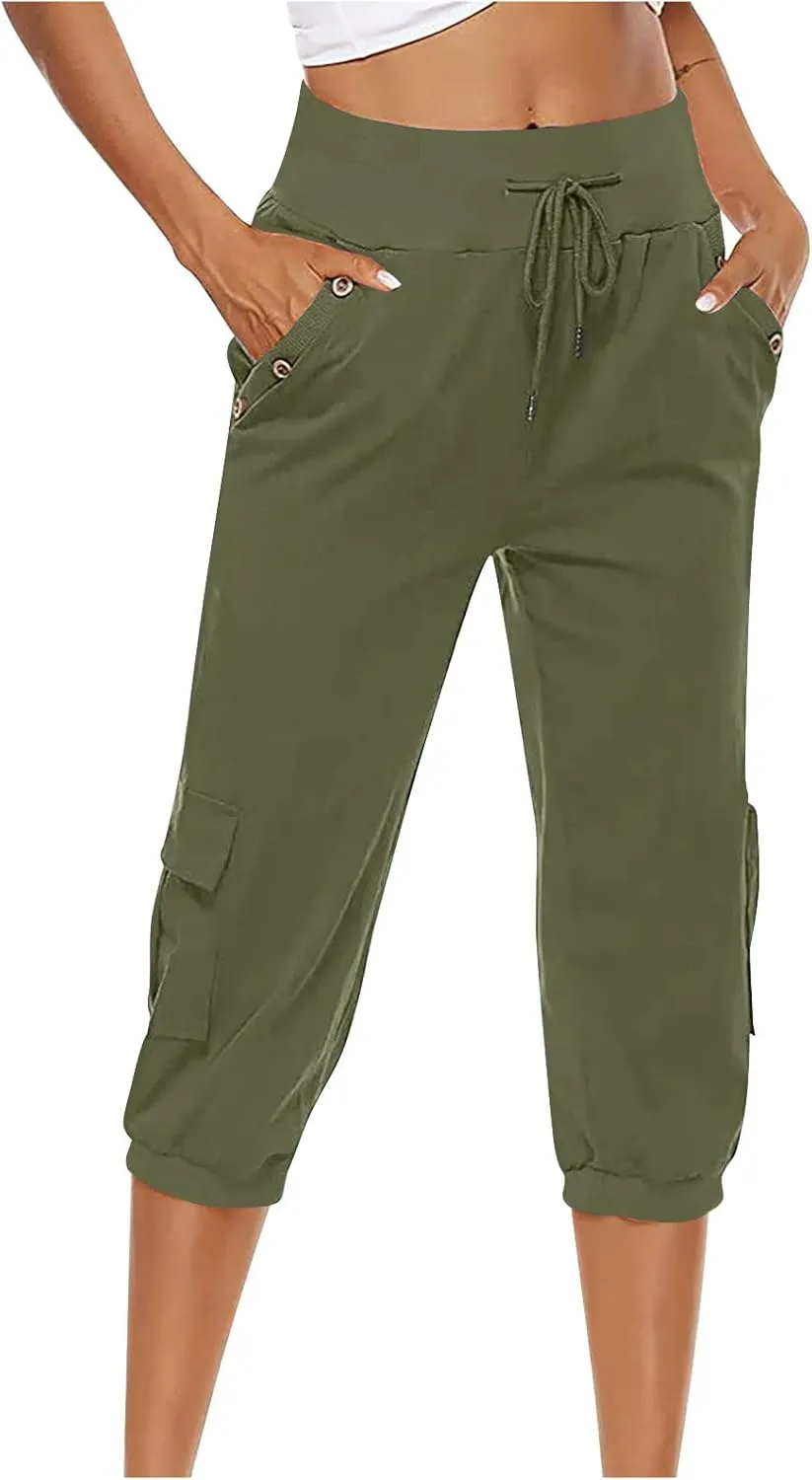Cotton Linen Capri Women Casual Drawstring Elastic Waist Pants High Waisted Pants Summer Wide Leg Cropped Trousers