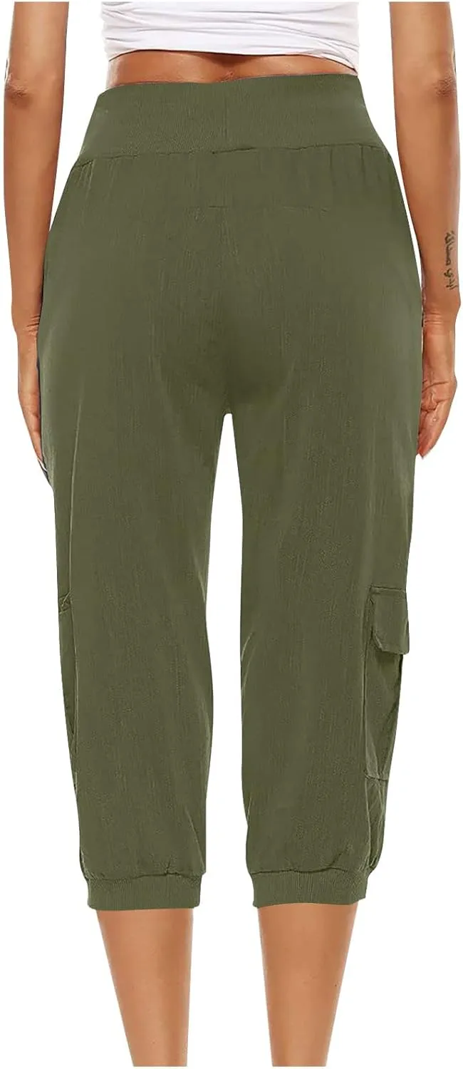 Cotton Linen Capri Women Casual Drawstring Elastic Waist Pants High Waisted Pants Summer Wide Leg Cropped Trousers