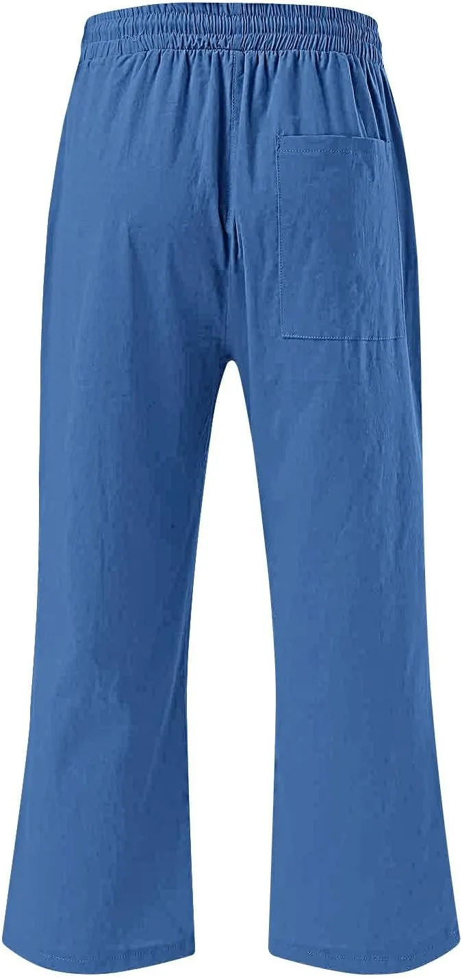 Cotton Linen Capris for Women Straight Leg Casual Summer Beach Pants Elastic Waist Pull On Capri Pants with Pockets