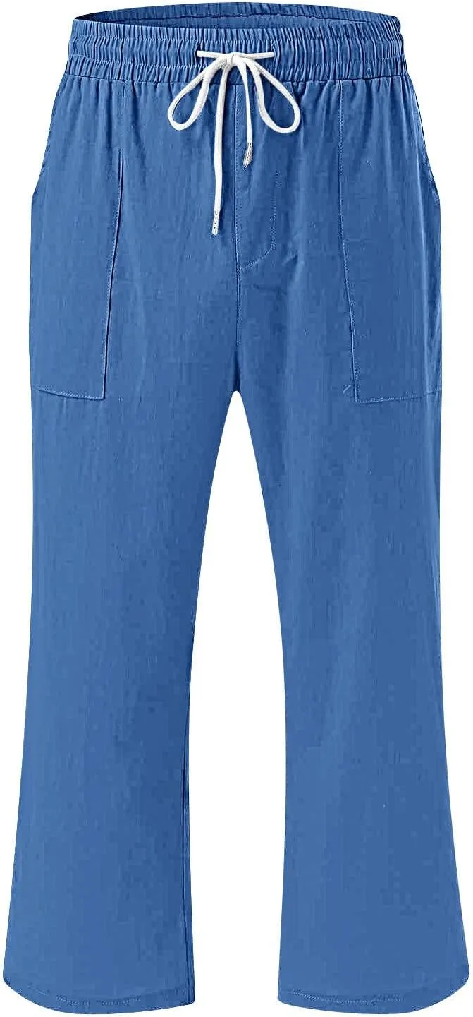 Cotton Linen Capris for Women Straight Leg Casual Summer Beach Pants Elastic Waist Pull On Capri Pants with Pockets
