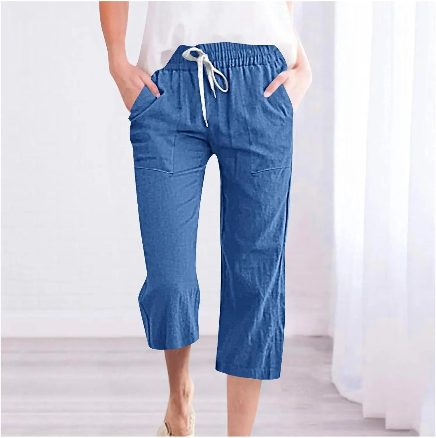 Cotton Linen Capris for Women Straight Leg Casual Summer Beach Pants Elastic Waist Pull On Capri Pants with Pockets