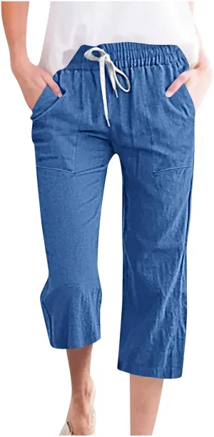 Cotton Linen Capris for Women Straight Leg Casual Summer Beach Pants Elastic Waist Pull On Capri Pants with Pockets