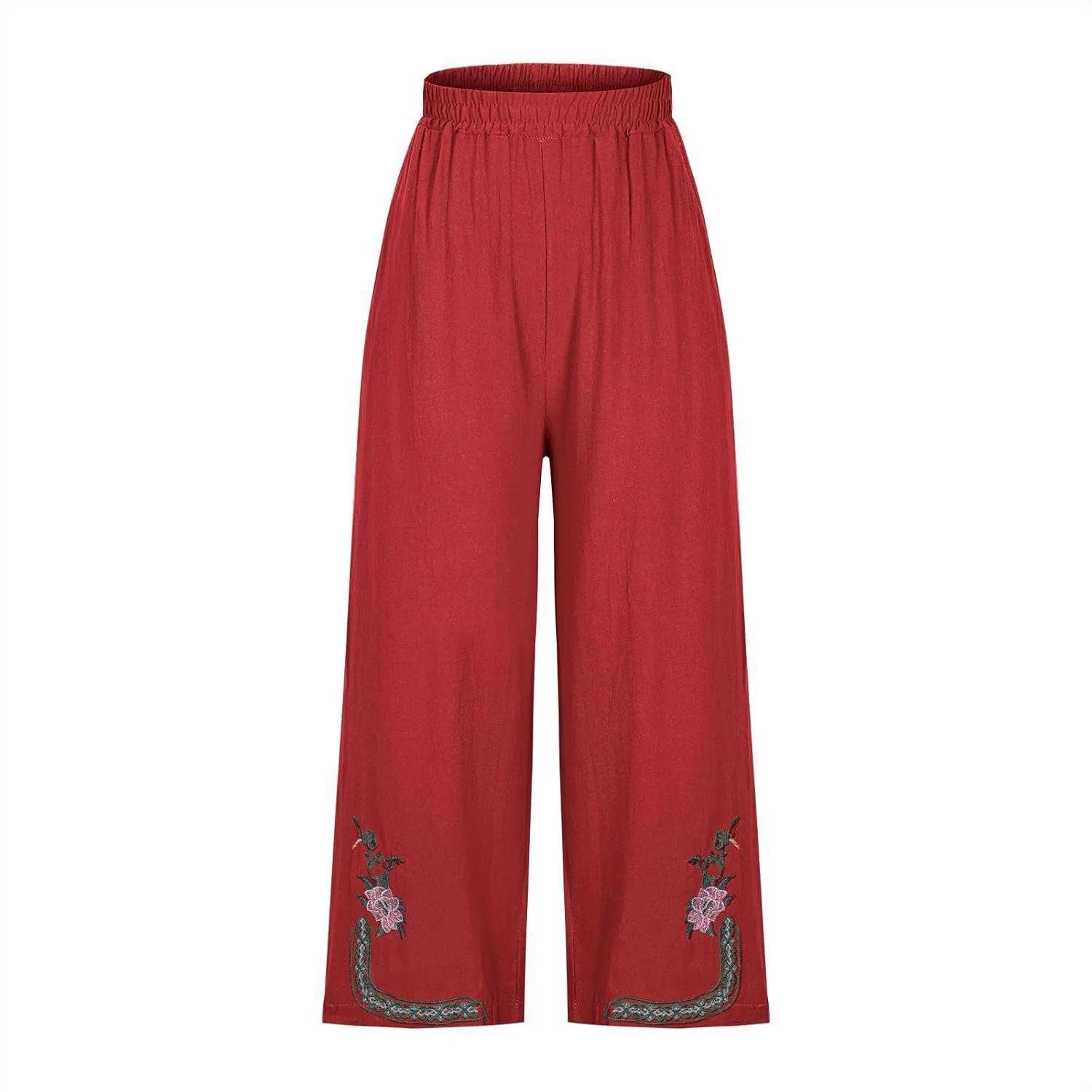 Cotton Linen Crop Pants Women Elastic Waist Vintage Floral Embroidered Cropped Trousers Wide Leg Pants with Pockets