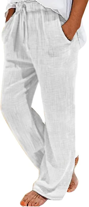 Cotton Linen Dress Pants for Men Summer Elastic Waist Drawstring Beach Athletic Pants for Workout, Jogging, Running