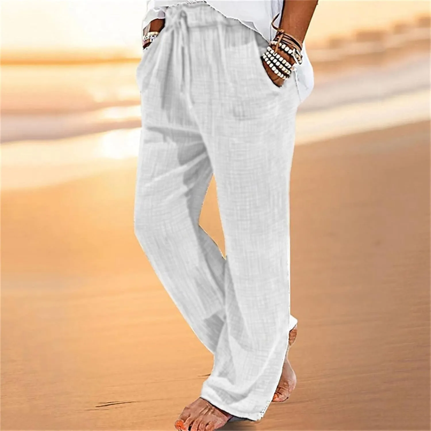 Cotton Linen Dress Pants for Men Summer Elastic Waist Drawstring Beach Athletic Pants for Workout, Jogging, Running