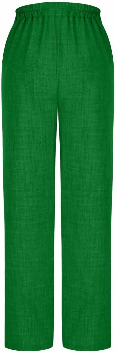 Cotton Linen Pant for Women Summer Casual Wide Leg High Waisted Trouser Drawstring Elastic Waist Pants with Pockets