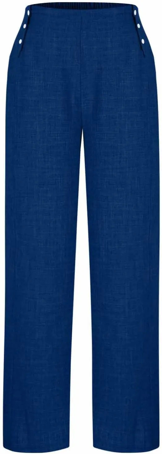 Cotton Linen Pant for Women Summer Casual Wide Leg High Waisted Trouser Drawstring Elastic Waist Pants with Pockets