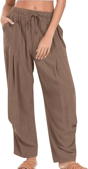 Cotton Linen Pants for Women Summer Wide Leg Pants Drawstring Elastic High Waisted Lounge Pant Casual Beach Trousers
