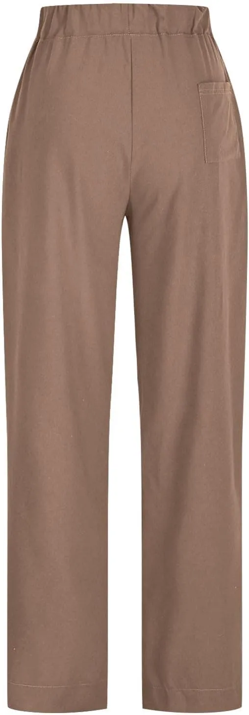 Cotton Linen Pants for Women Summer Wide Leg Pants Drawstring Elastic High Waisted Lounge Pant Casual Beach Trousers