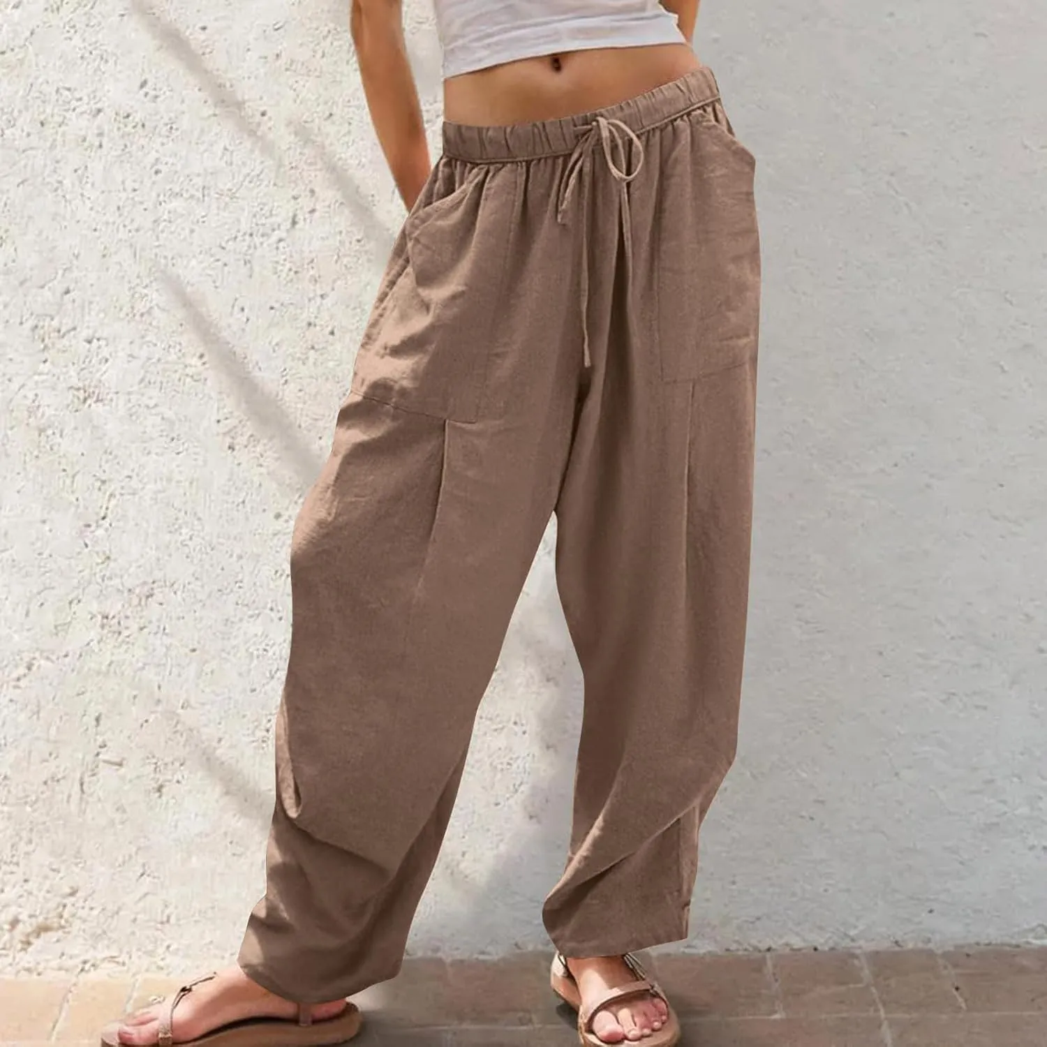Cotton Linen Pants for Women Summer Wide Leg Pants Drawstring Elastic High Waisted Lounge Pant Casual Beach Trousers