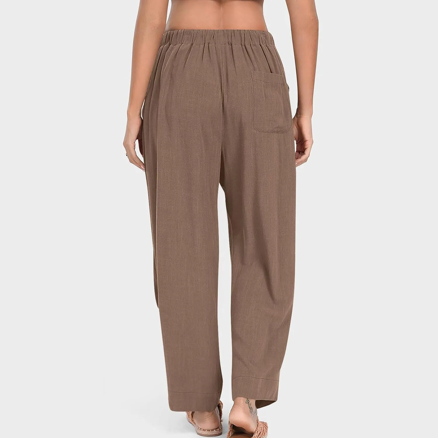 Cotton Linen Pants for Women Summer Wide Leg Pants Drawstring Elastic High Waisted Lounge Pant Casual Beach Trousers