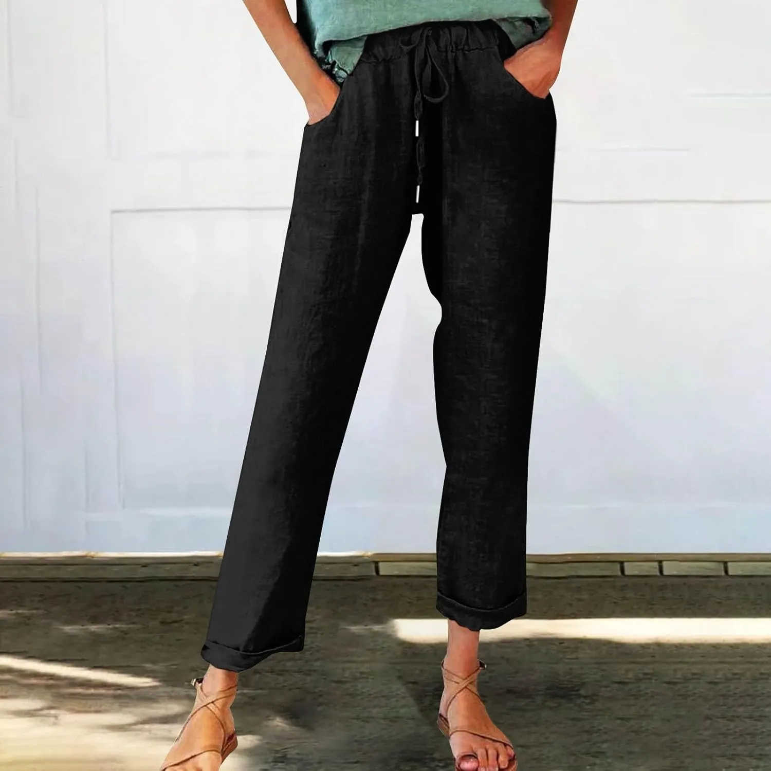 Cotton Linen Pants for Women Vintage Tropical Floral Print Elastic High Waist Drawstring Trousers Summer Beach Pants