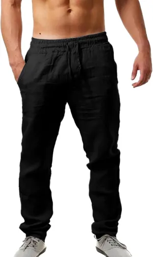 Cotton Linen Pants Men Casual Drawstring Summer Beach Pants Lightweight Breathable Flat Front Trouser with Pockets
