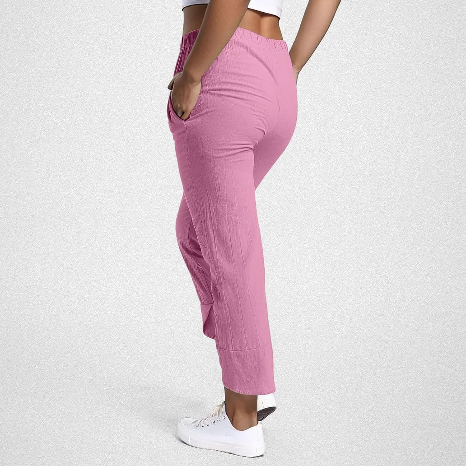 Cotton Linen Pants Women Baggy Harem Summer Casual Elastic Loose Trousers Beach Travel Vacation Pants with Pockets