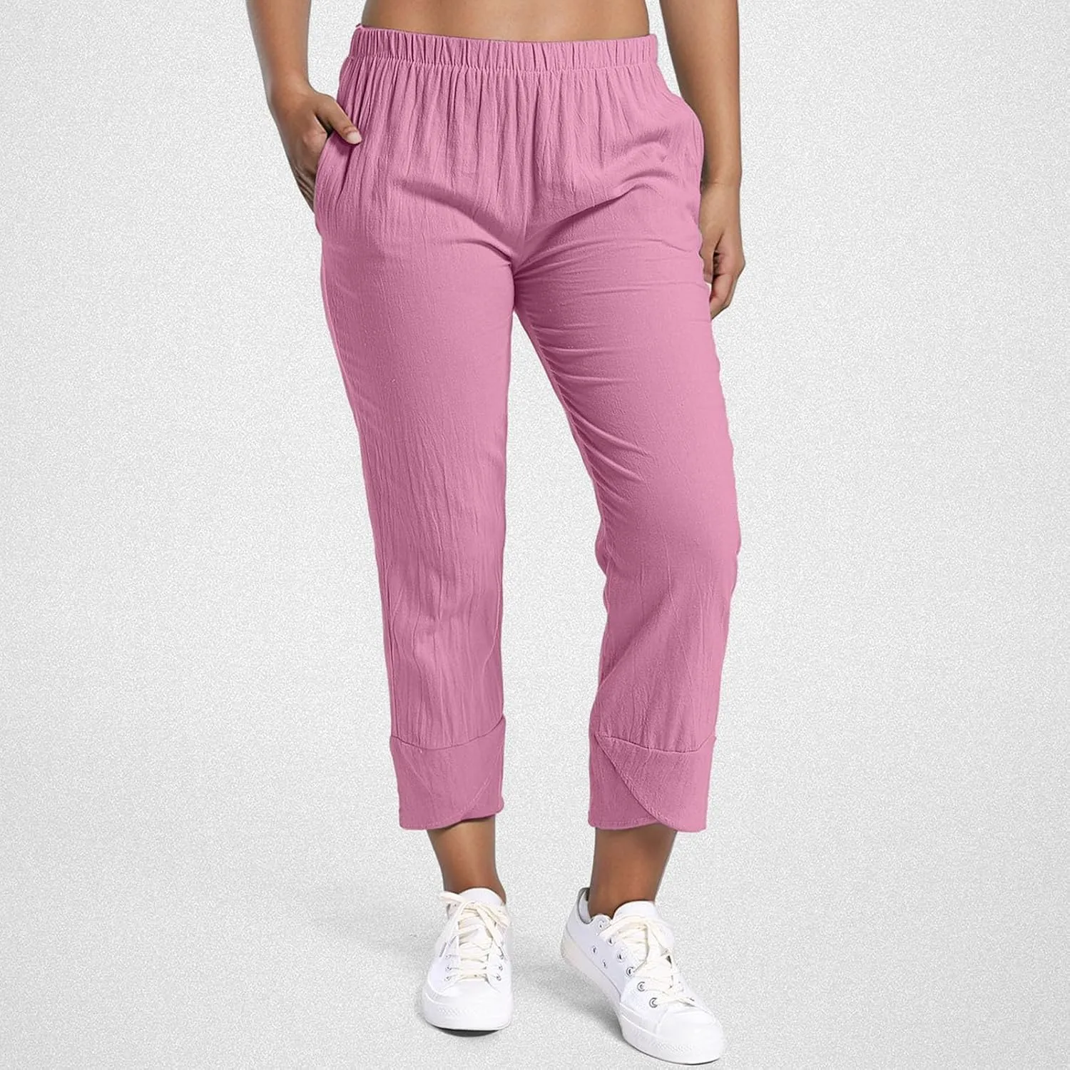 Cotton Linen Pants Women Baggy Harem Summer Casual Elastic Loose Trousers Beach Travel Vacation Pants with Pockets