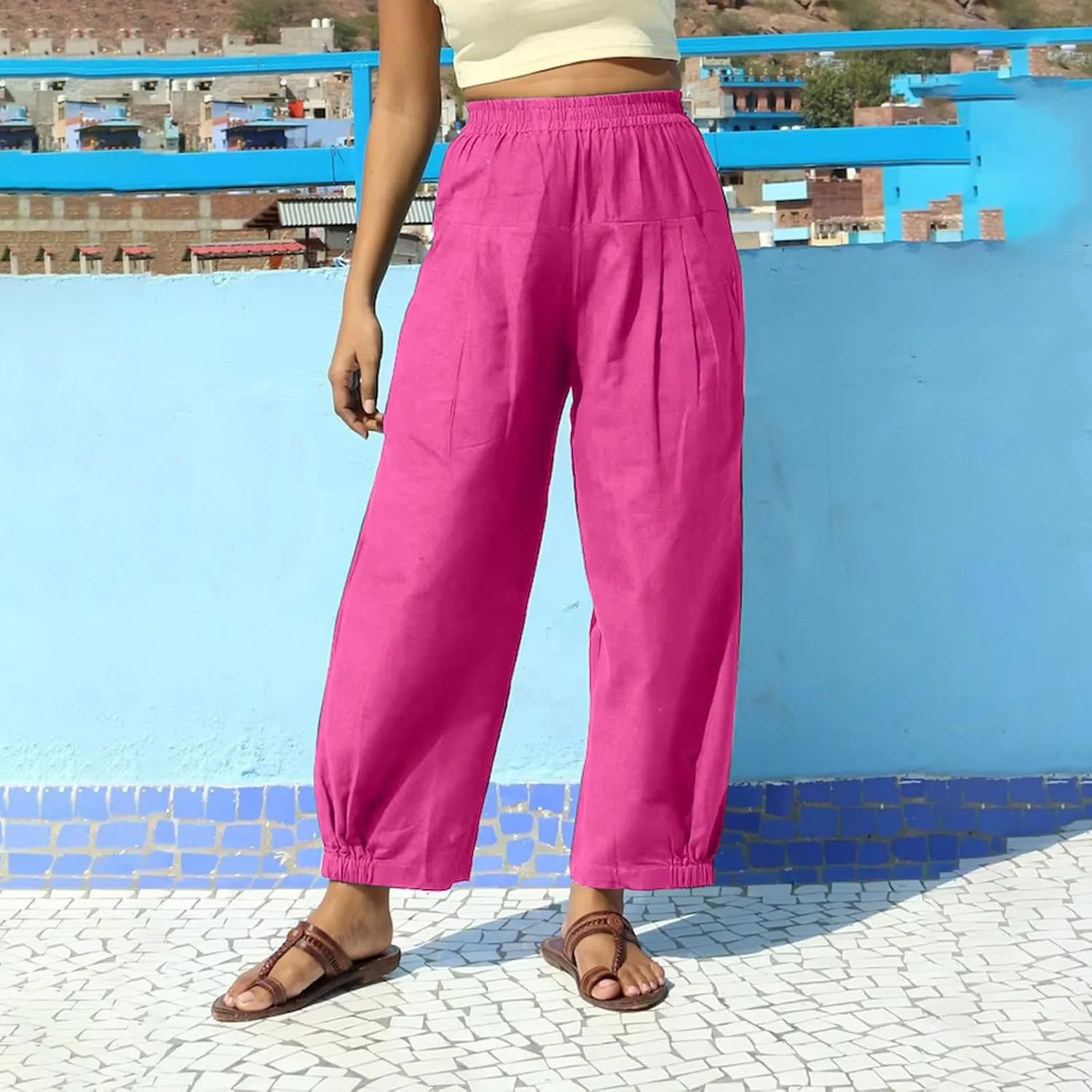 Cotton Linen Pants Women Wide Leg Stretch High Waisted Pleated Loose Casual Summer Trousers with Pockets