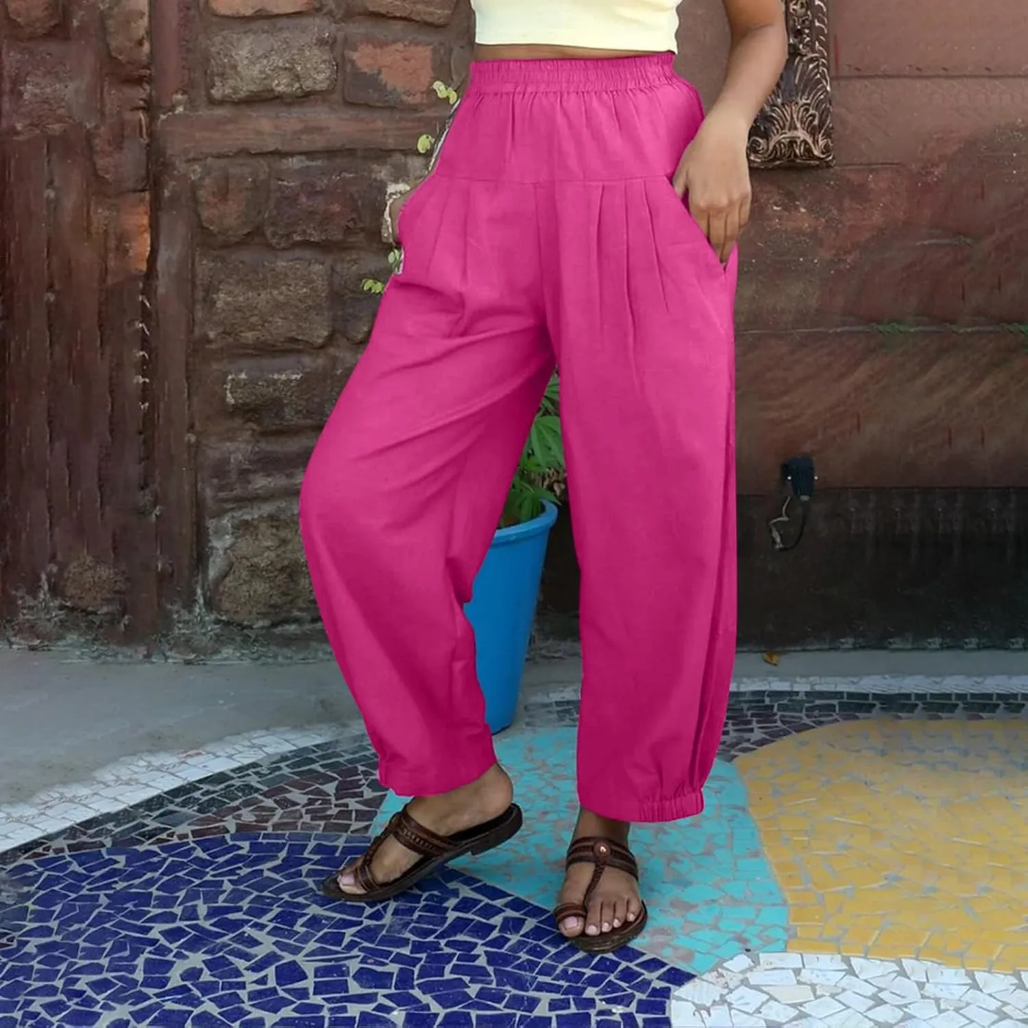 Cotton Linen Pants Women Wide Leg Stretch High Waisted Pleated Loose Casual Summer Trousers with Pockets