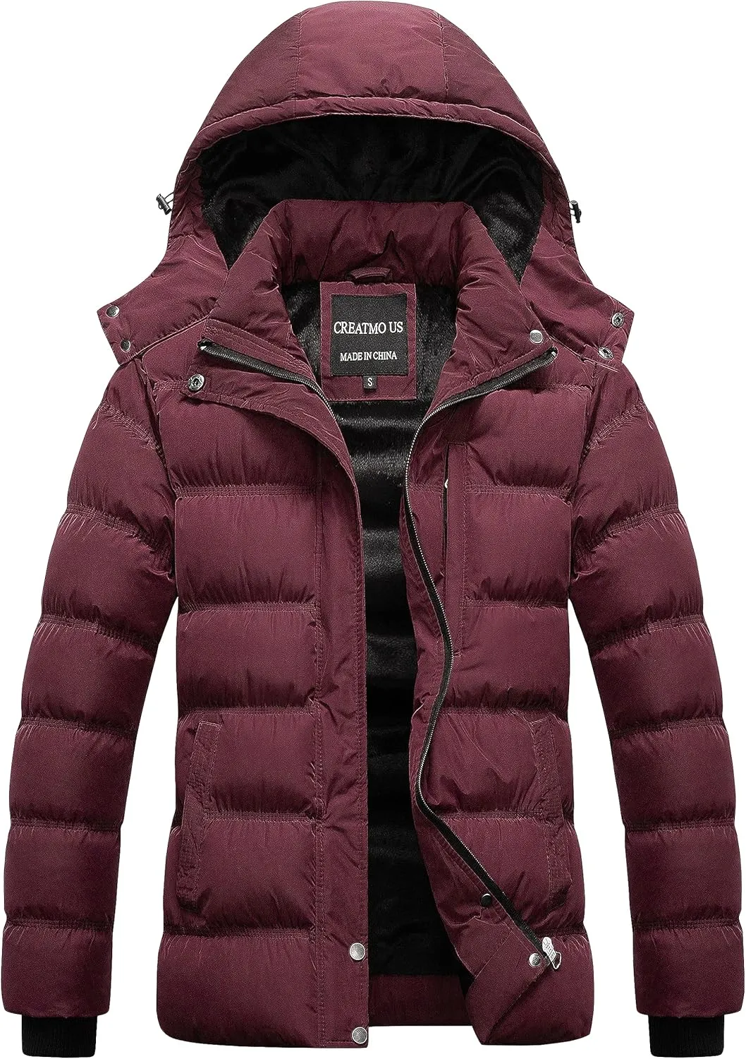 CREATMO US Women's Warm Winter Coat Waterproof Ski Jacket Padded Puffy Overcoat With Detachable Hood