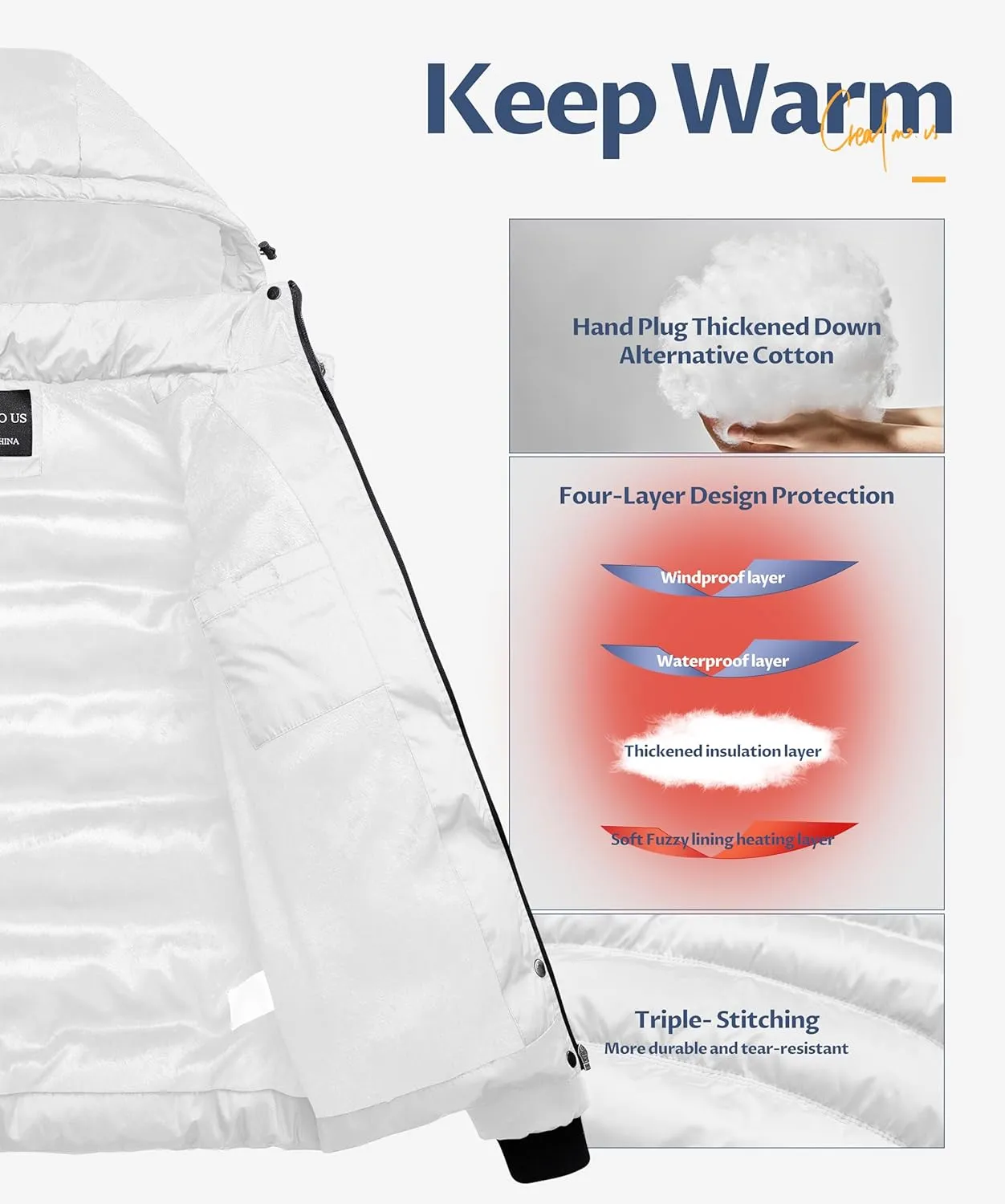 CREATMO US Women's Warm Winter Coat Waterproof Ski Jacket Padded Puffy Overcoat With Detachable Hood