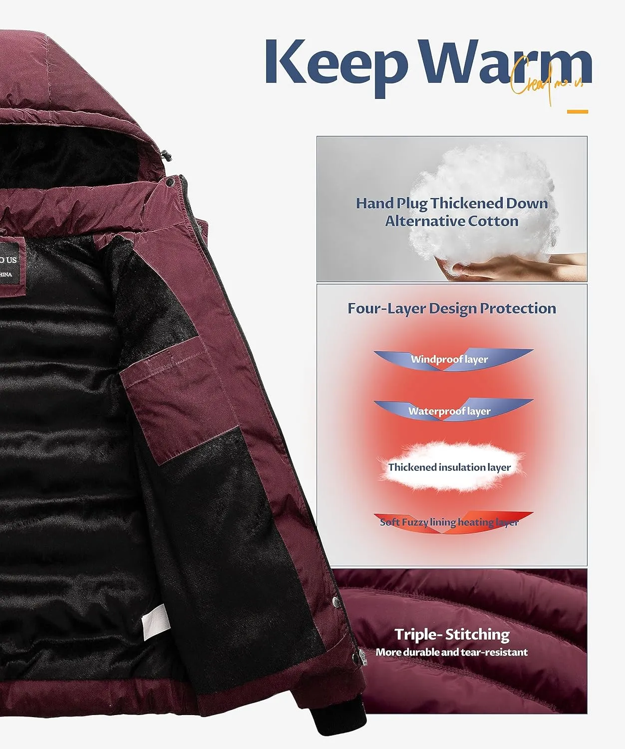 CREATMO US Women's Warm Winter Coat Waterproof Ski Jacket Padded Puffy Overcoat With Detachable Hood