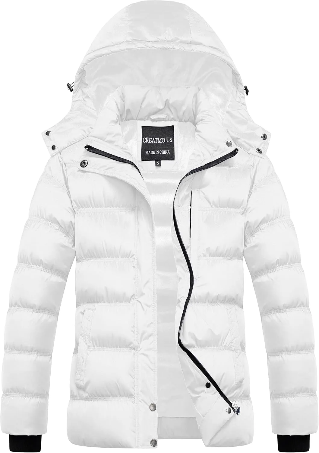 CREATMO US Women's Warm Winter Coat Waterproof Ski Jacket Padded Puffy Overcoat With Detachable Hood