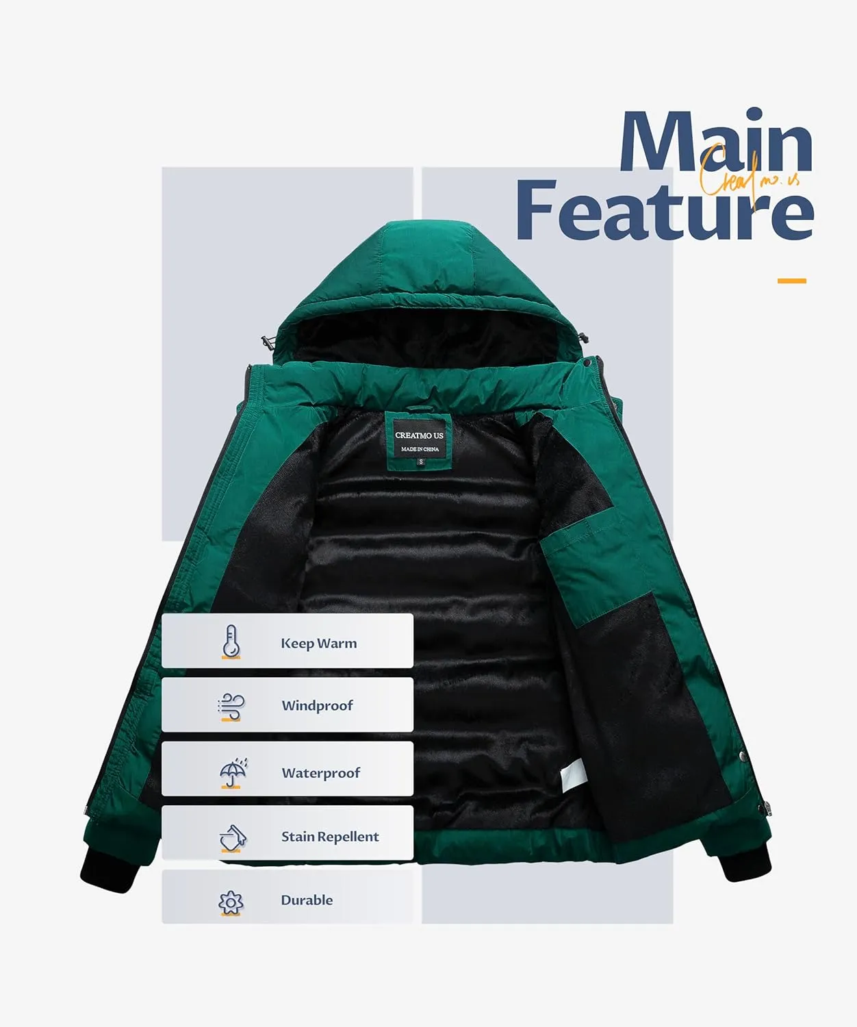 CREATMO US Women's Warm Winter Coat Waterproof Ski Jacket Padded Puffy Overcoat With Detachable Hood