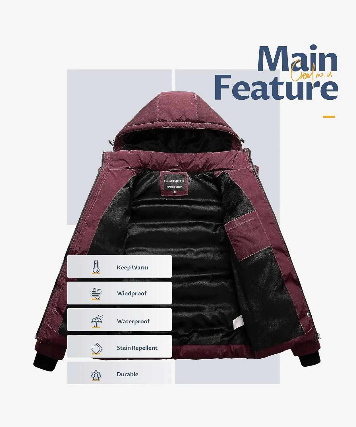 CREATMO US Women's Warm Winter Coat Waterproof Ski Jacket Padded Puffy Overcoat With Detachable Hood
