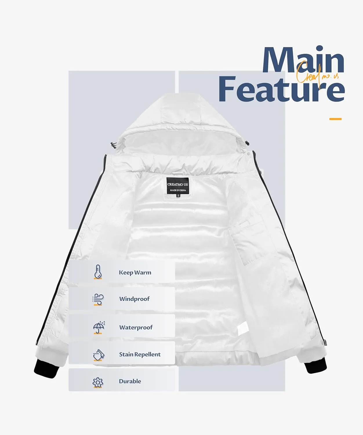CREATMO US Women's Warm Winter Coat Waterproof Ski Jacket Padded Puffy Overcoat With Detachable Hood