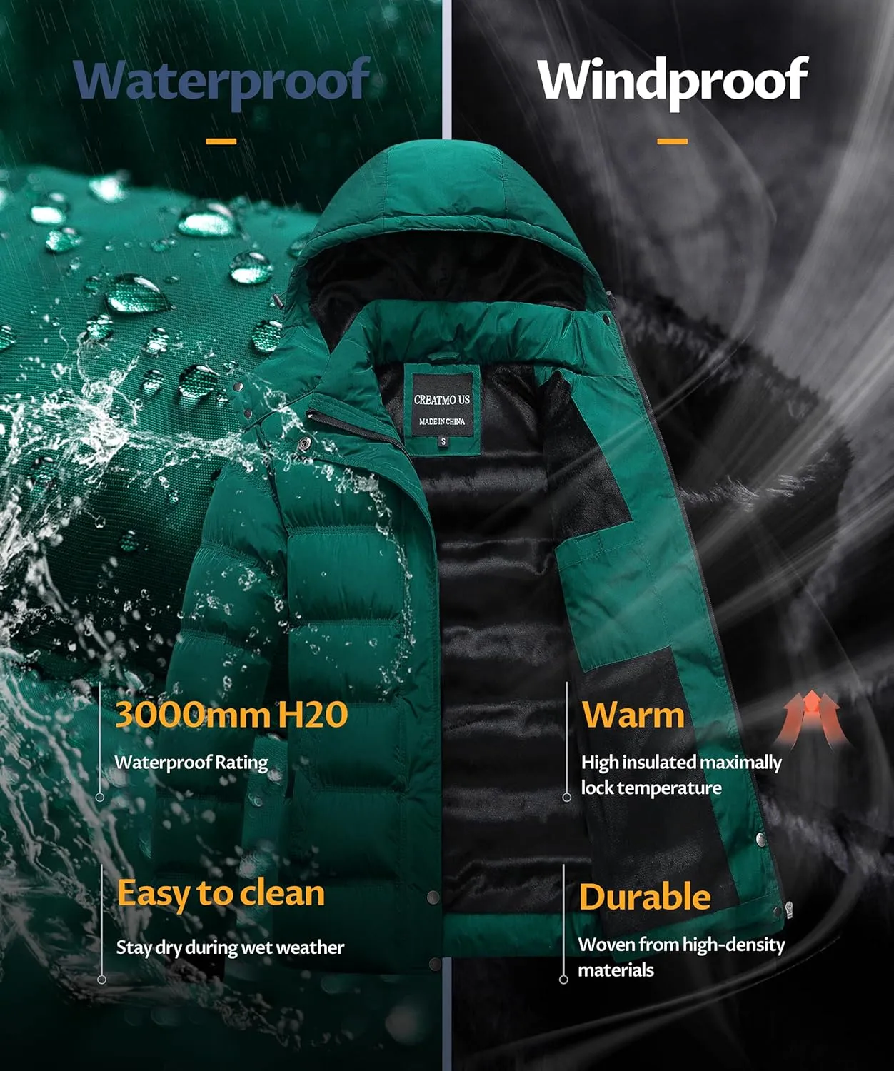 CREATMO US Women's Warm Winter Coat Waterproof Ski Jacket Padded Puffy Overcoat With Detachable Hood