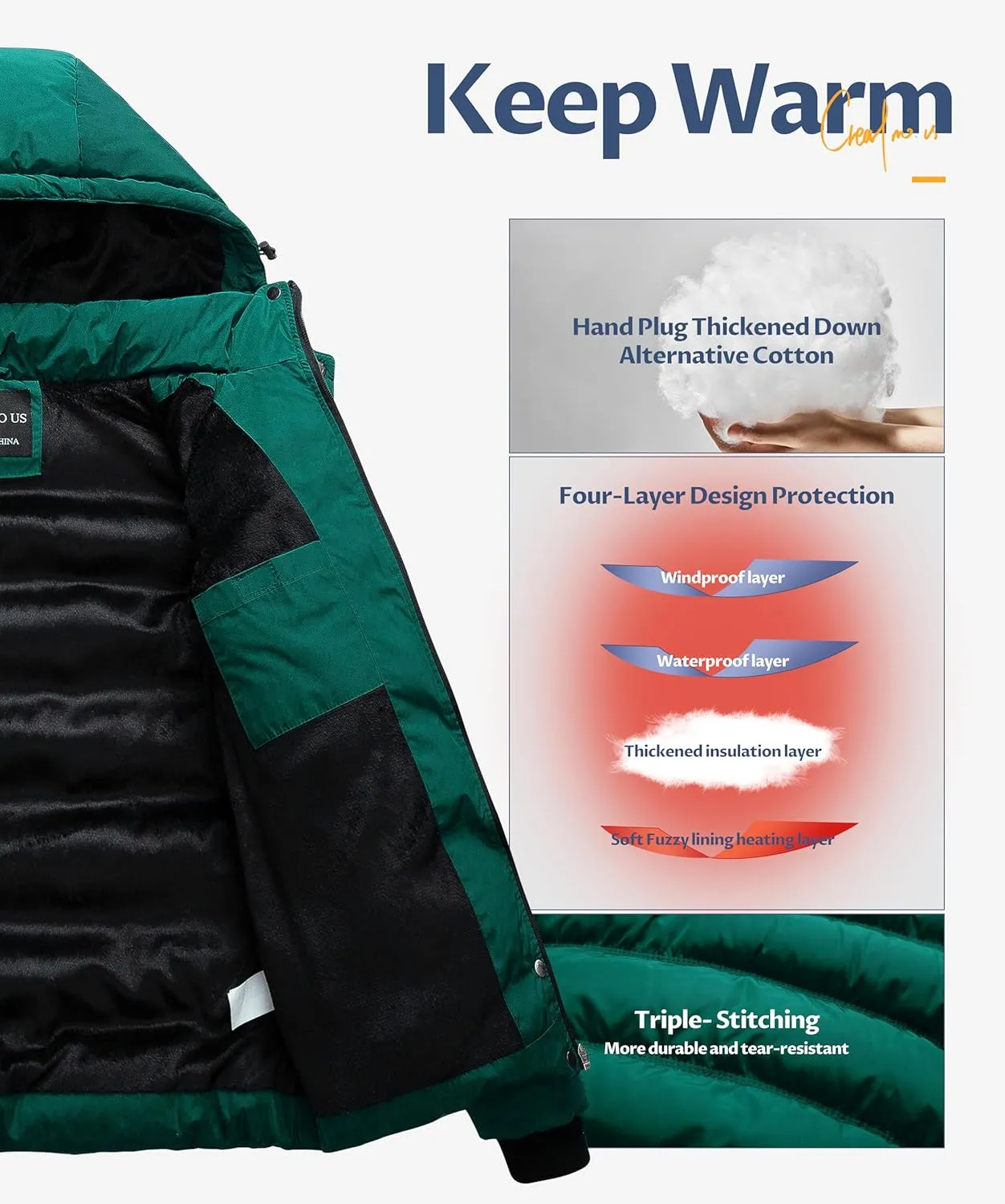 CREATMO US Women's Warm Winter Coat Waterproof Ski Jacket Padded Puffy Overcoat With Detachable Hood