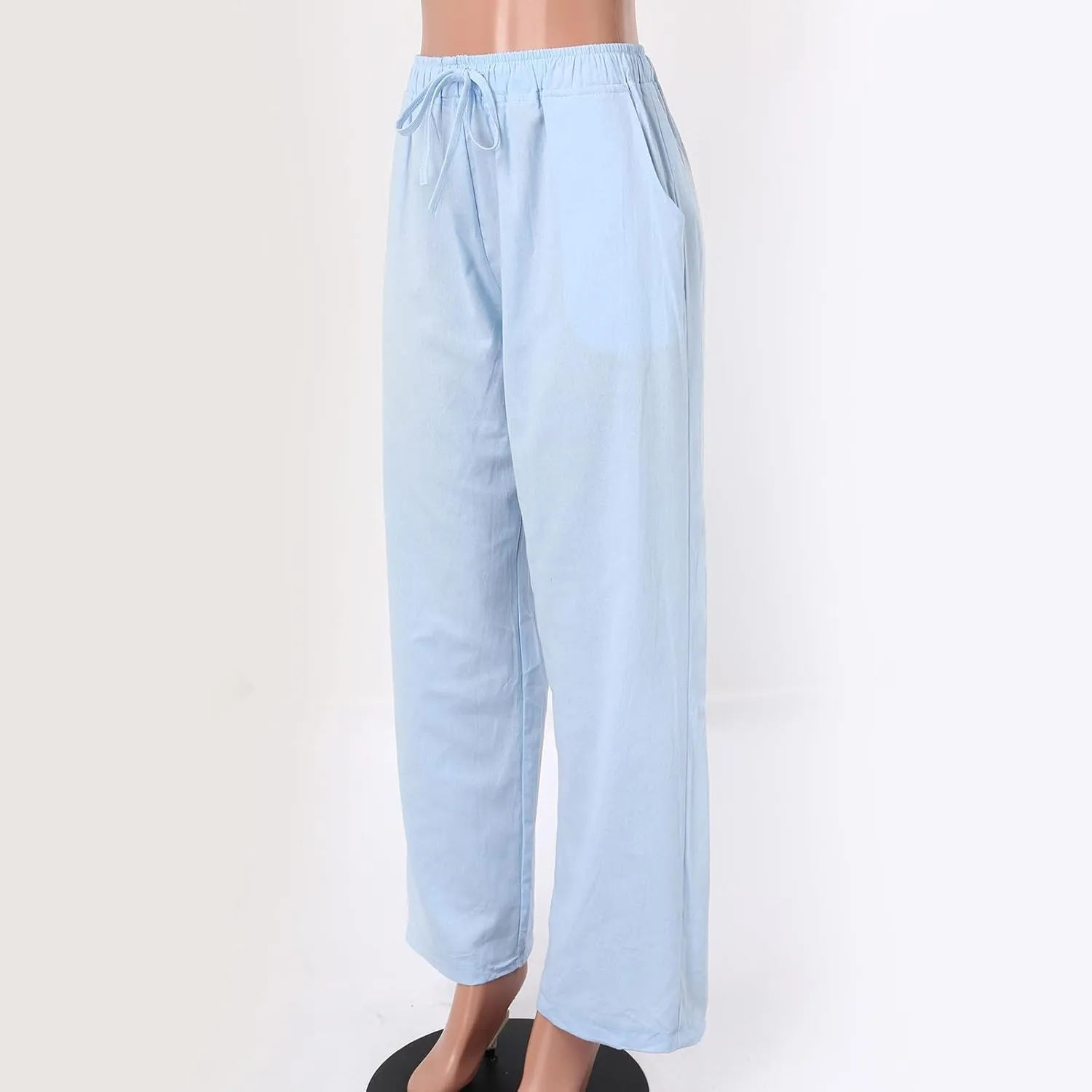 Drawstring Pants Women High Waisted Cotton Linen Wide Leg Summer Trouser Casual Loose Fit Palazzo Pull On Sweatpant