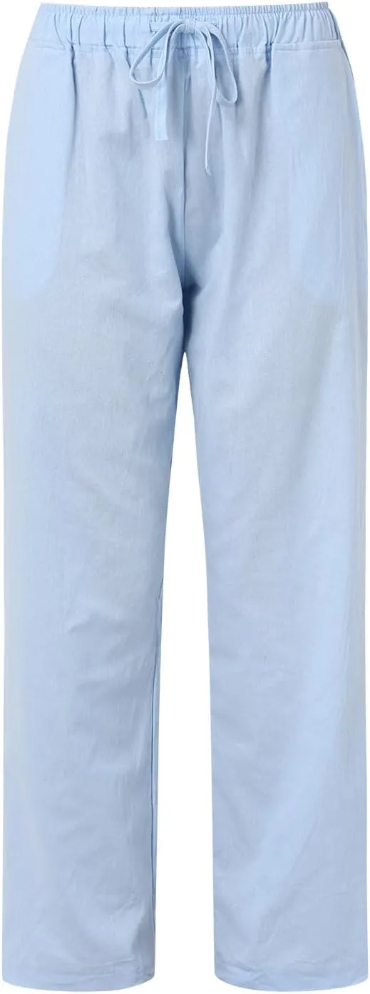 Drawstring Pants Women High Waisted Cotton Linen Wide Leg Summer Trouser Casual Loose Fit Palazzo Pull On Sweatpant